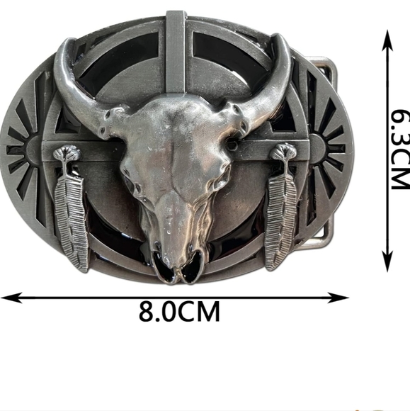 New Native American feather longhorn steer belt buckle.  Brass color available - Picture 3 of 4